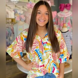 Entro Colorful Abstract Women's Oversized Top with Balloon Sleeves Medium